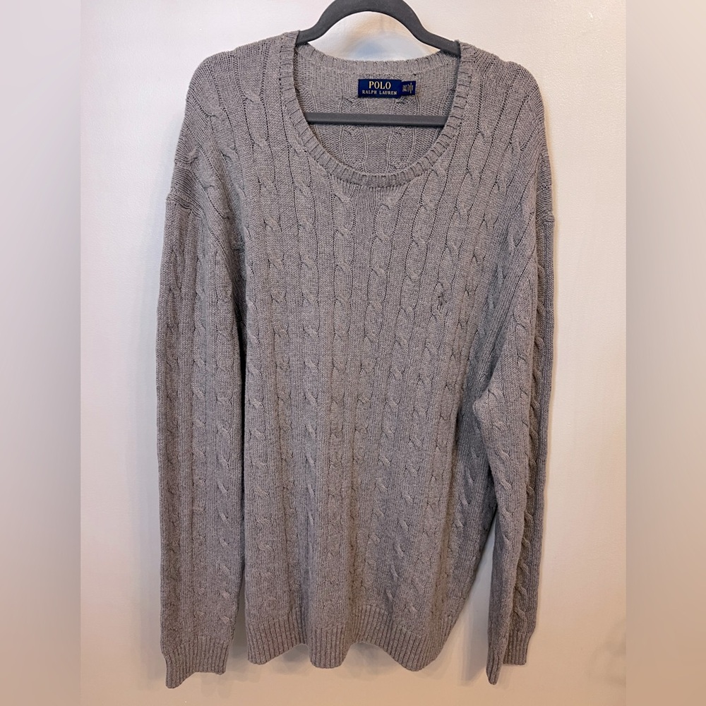 Polo Ralph Lauren Mens 2XLT 100% Cotton Gray Cable Knit Sweater Embroidered Logo